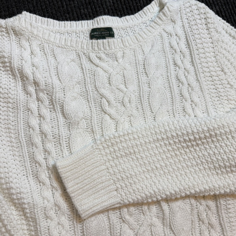 LRL Lauren Jeans Sweater Womens XL White Ralph Chunky Cable Knit Aran Preppy